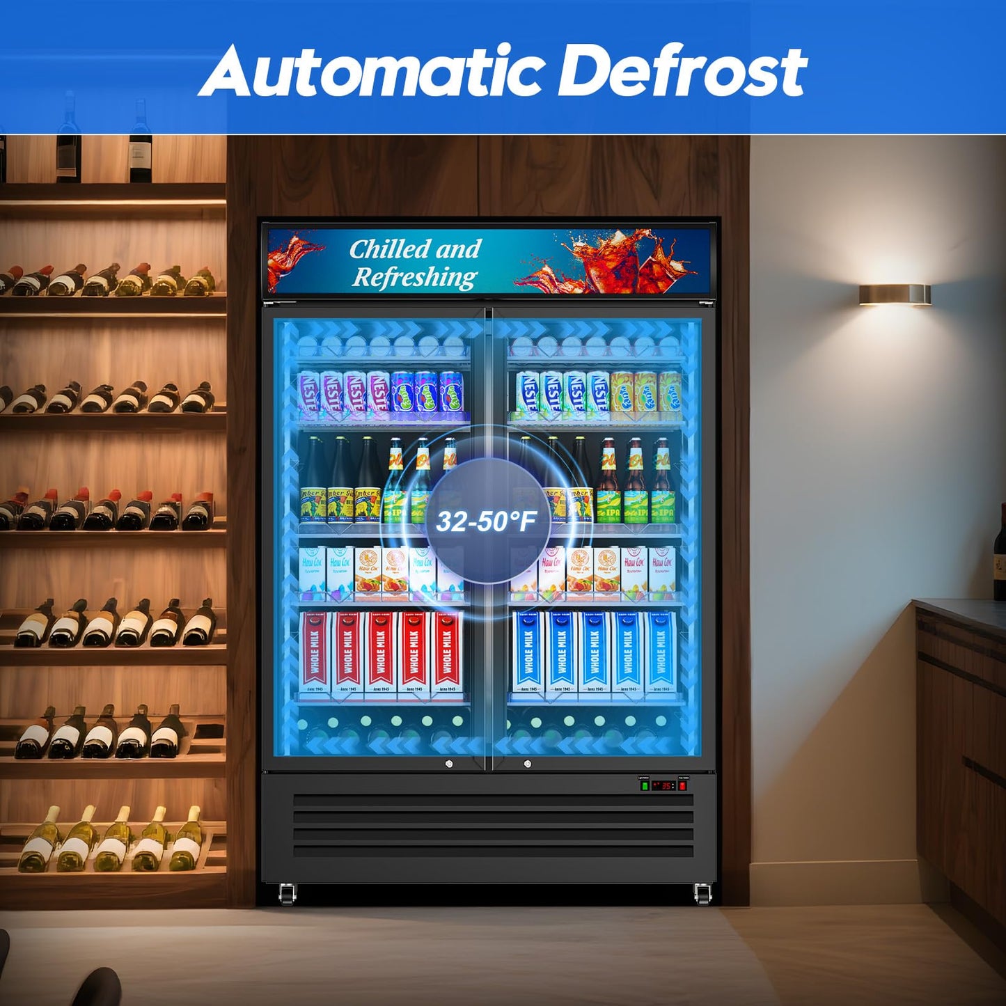 Velieta Commercial Beverage Refrigerator with 2 Glass Door, 383L Display Fridge Beverage Cooler with Customizable Lightbox Adjustable Shelves, Drink Fridge Merchandiser for Restaurant Shop, Black