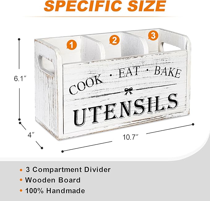 Kitchen Utensil Holder with 3 Compartments, Wooden Storage Utensil Organizer for Countertop, Farmhouse Decor, Rustic Cooking Utensil Kitchen Tool