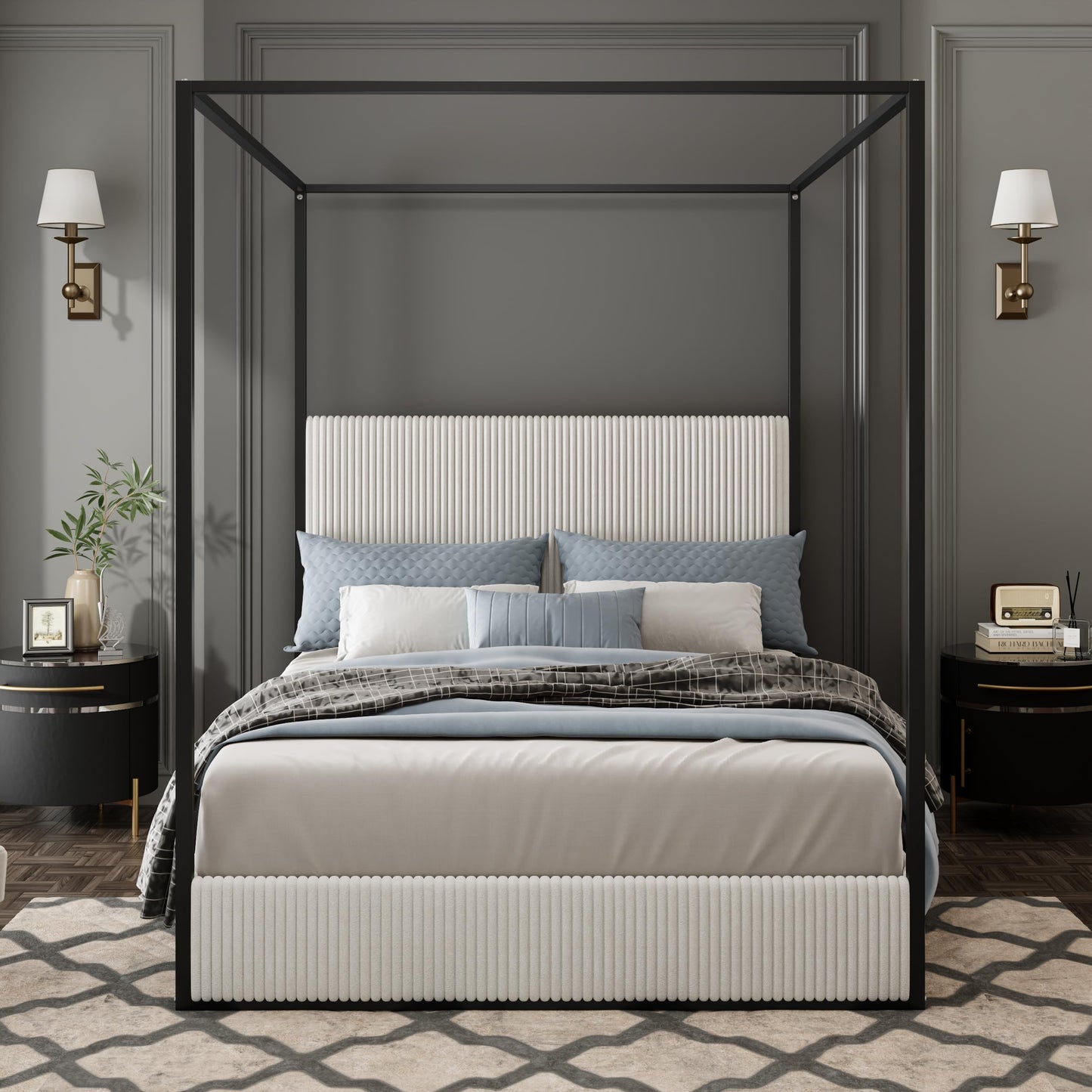 Merax Modern Luxury King Metal Canopy Bed with Tall Upholstered Headboard, Gold Four Poster Bed, No Box Spring Needed, White