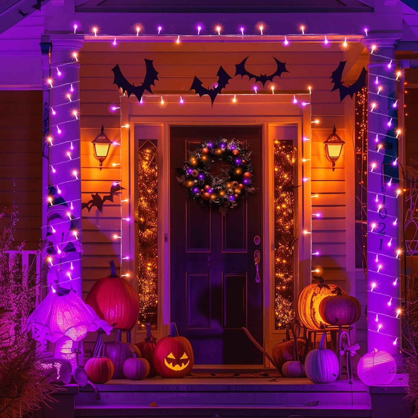 Einiiya 400 Led Christmas String Lights Outdoor  131 Ft String Lights Outdoor Clear Wire With 8 Modes  Plug In Waterproof Fairy Light For Tree Party Christmas Thanksgiving Decorations  Purple&Orange
