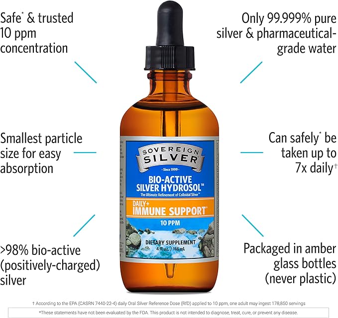 Sovereign Silver Bio-Active Silver Hydrosol for Immune Support - Colloidal Silver - 10 ppm, 4oz (118mL) - Dropper
