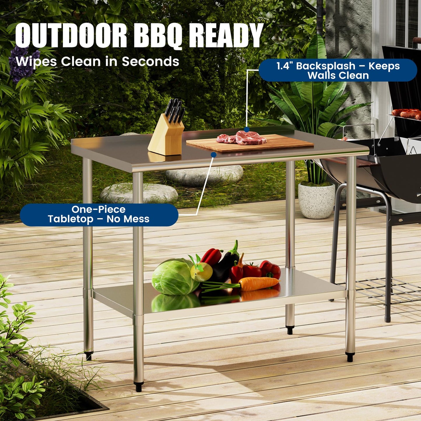Chingoo Stainless Steel Work Table 24x48 Inch with Adjustable Undershelf & Backsplash, Heavy-Duty Prep Table for Commercial Kitchen, Restaurant, Garage, Outdoor