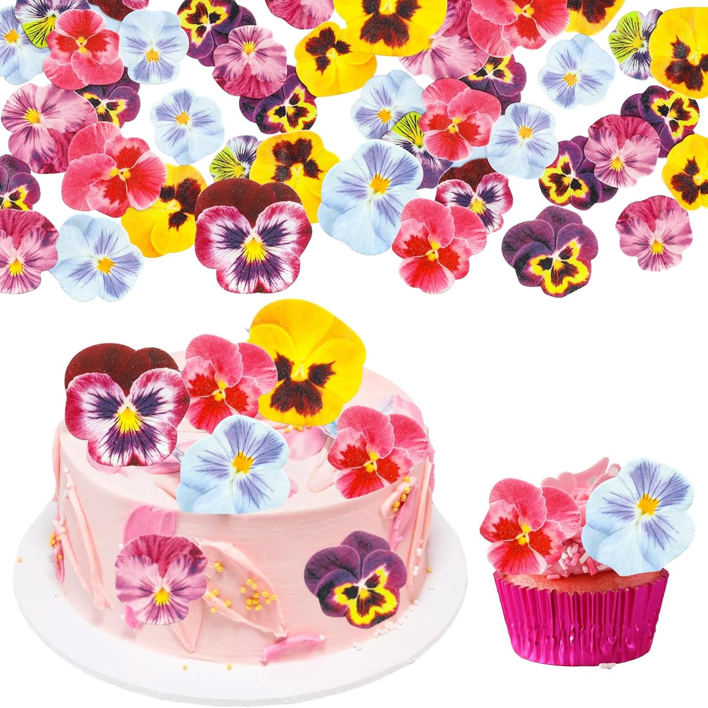 Ephlyn 64Pcs Edible Flower Cupcake Toppers Spring Bridal Engagement Baby Shower Birthday Party Cupcake Picks Anniversary Party Decorations Supplies