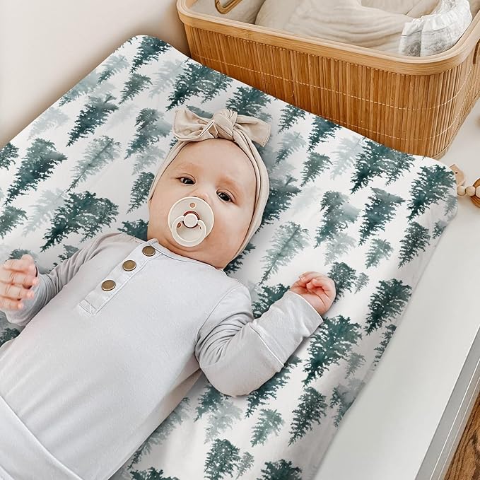 HawSkgFub Watercolor Forest Pine Tree Changing Pad Cover for Baby Girl Boy, Winter Christmas Diaper Change Table Covers, Soft Stretchy Safe Snug Fitted Changing Mat Sheets Fit 32"/34" x 16"
