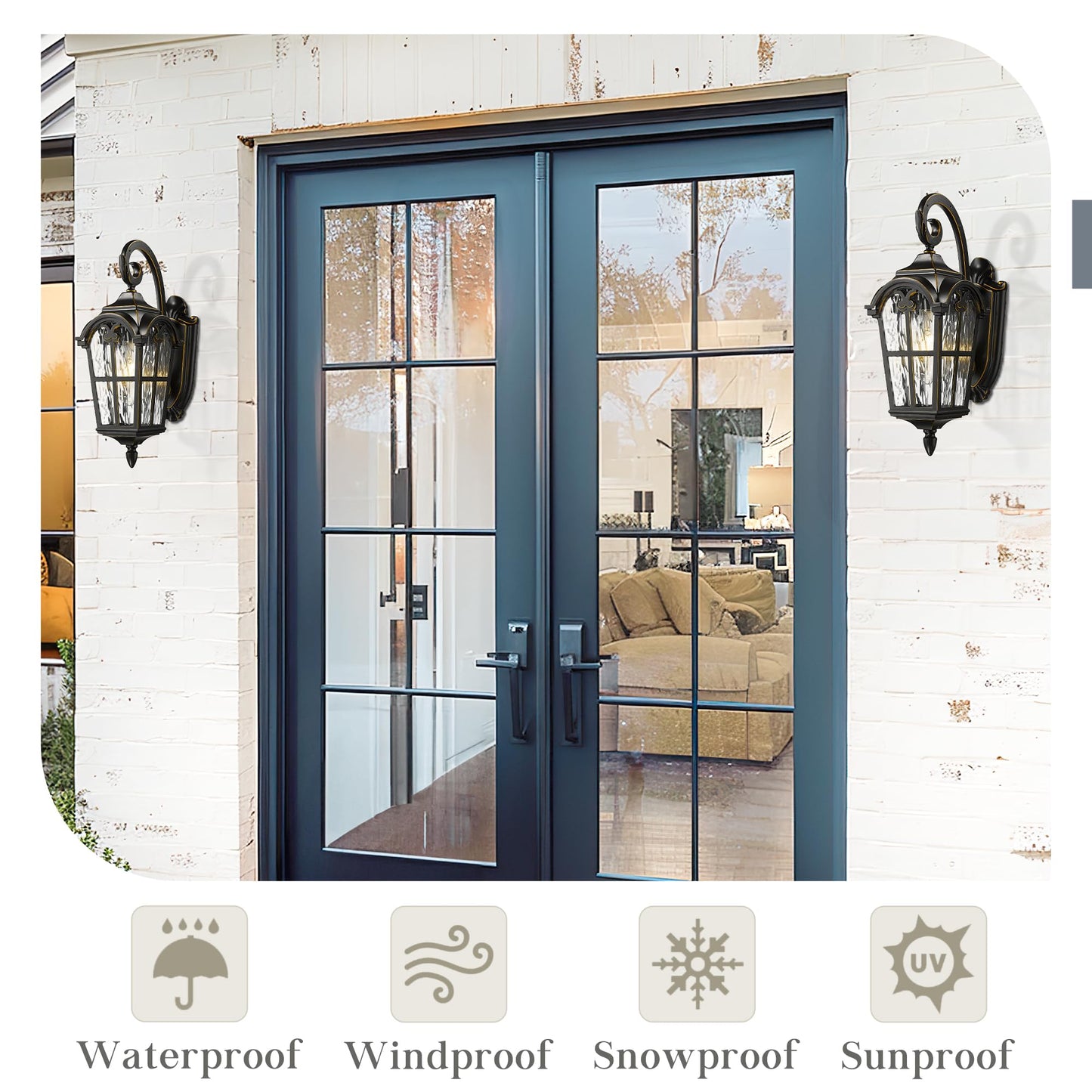 Emliviar Vintage Outdoor Lighting Fixture Wall Sconces With Water Ripple Glass  17.5 Front Porch Wall Lantern  Black Finish With Gold Edges  We215B-Sw Bg