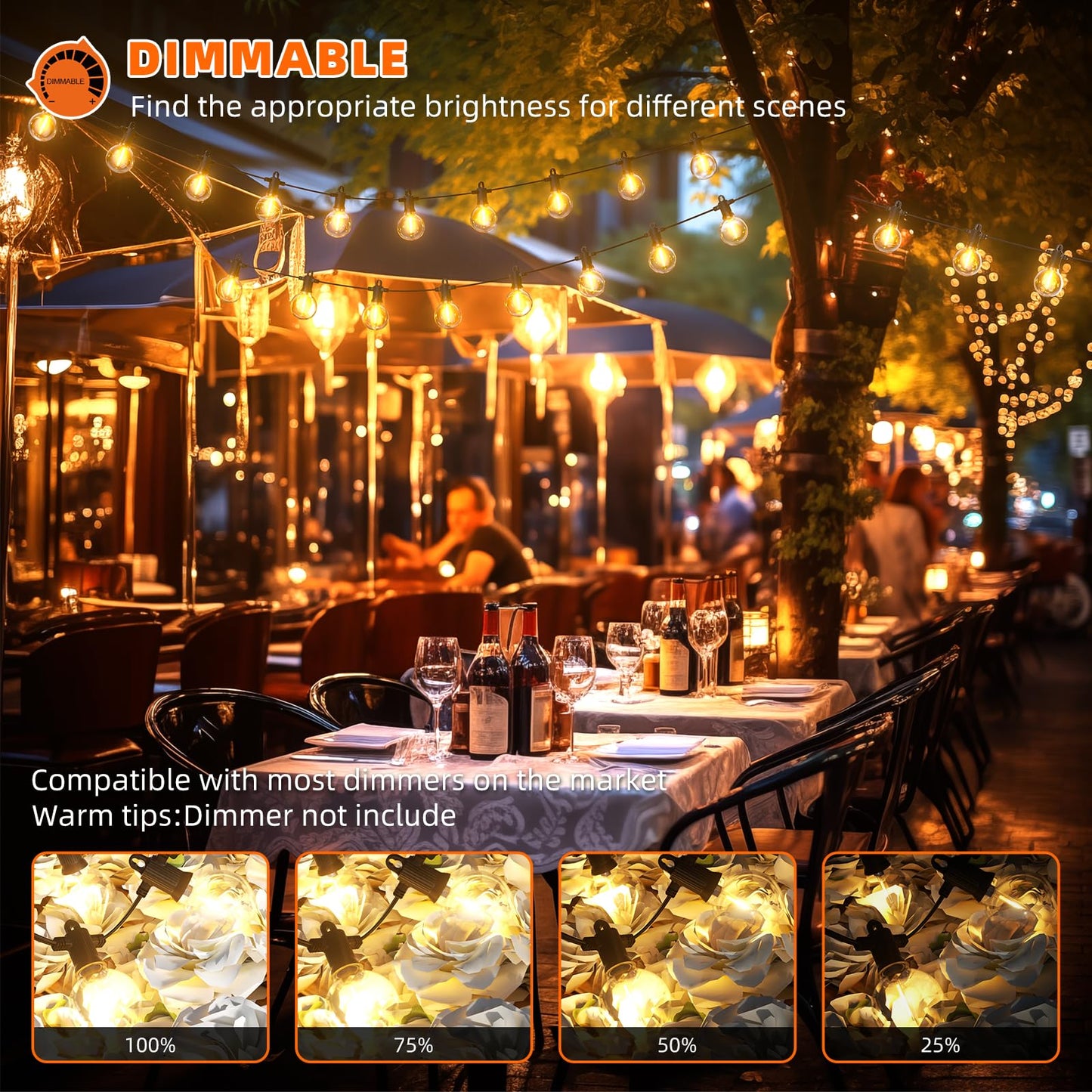 Kawaya Outdoor String Lights - LED Waterproof Patio Light with 100+4 G40 Globe Bulbs, 200FT, Black, Model 12-25