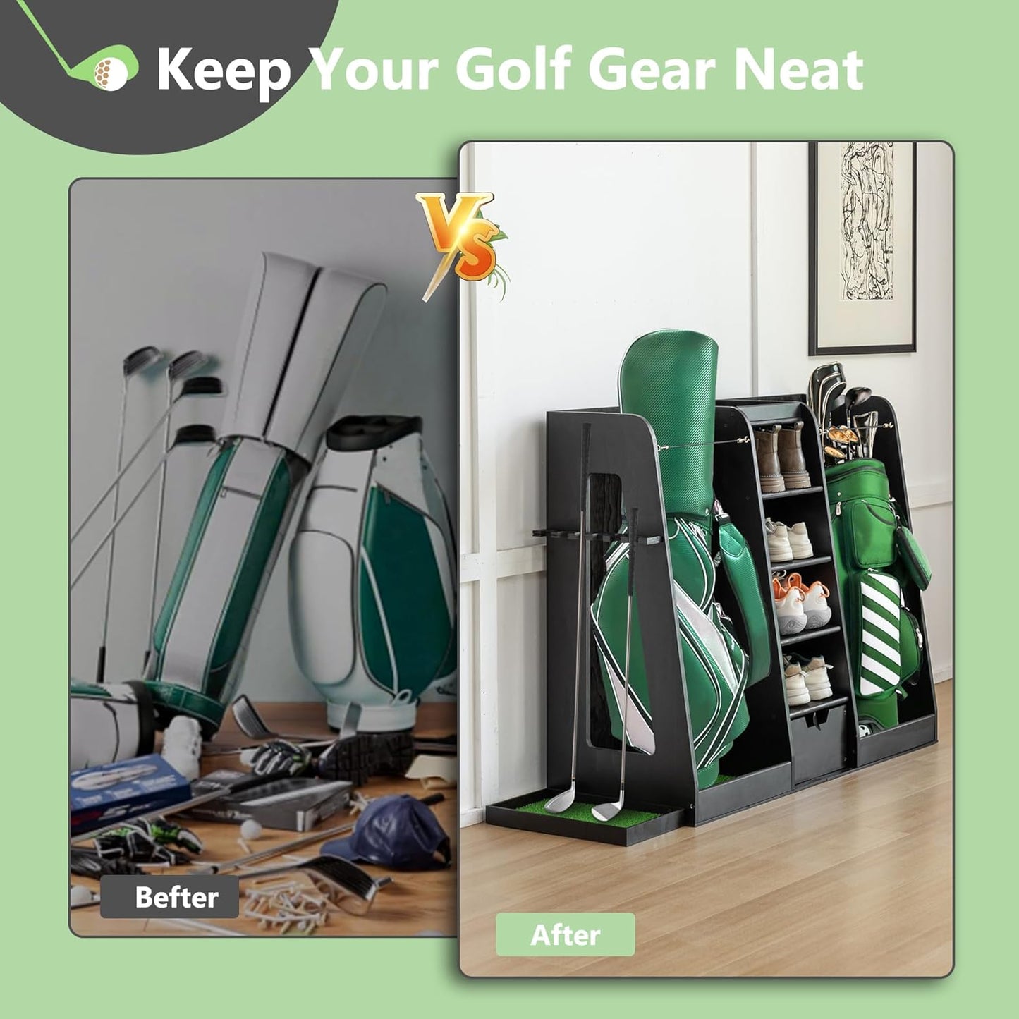 Golf Bag Organizer Storage Rack Stand Holder Fits 2 Extra Large Golf Club Bags and Multiple Golfing Equipment Accessories for Garage Home Simulator and Office