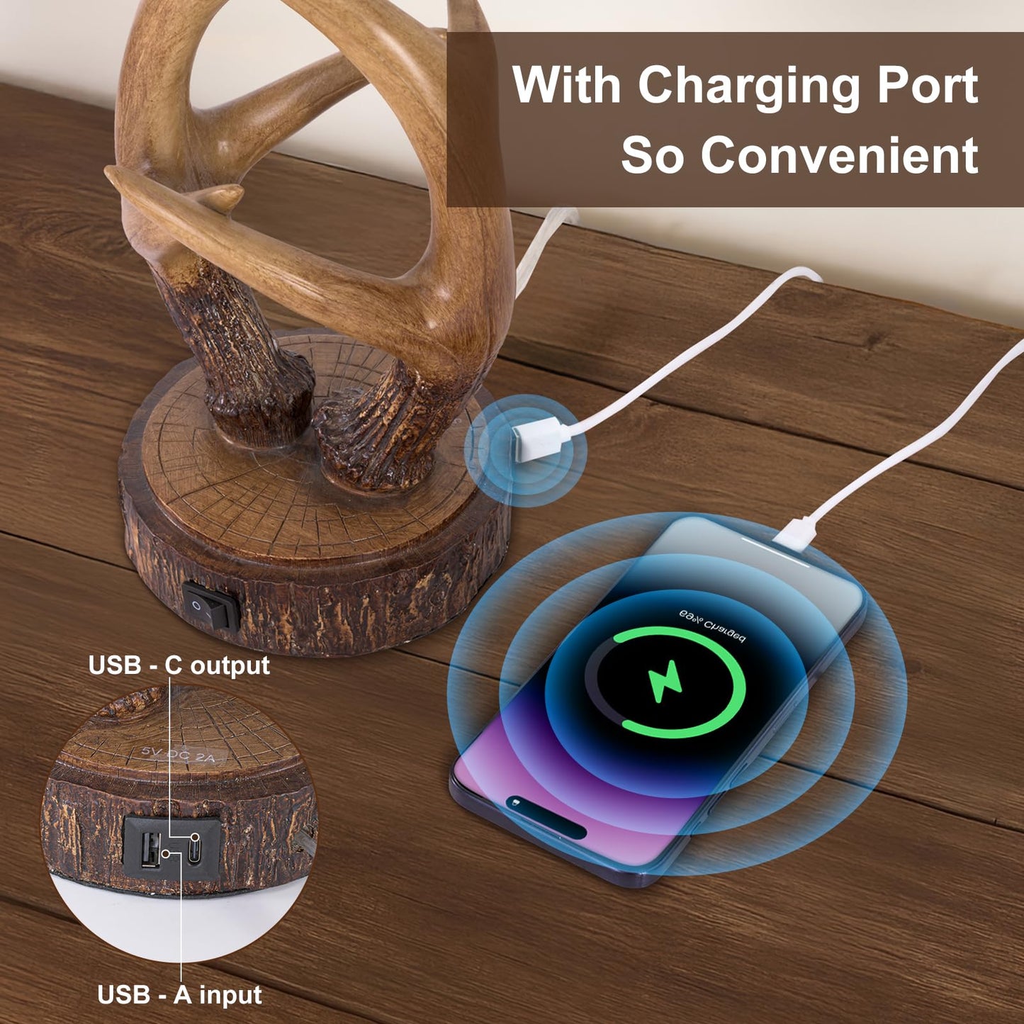Scenekoy Antler Table Uplight Lamp, Rustic Resin Design, Glass Shade, USB Ports, 20.5·Height, Brown-5, Model SL005-UP