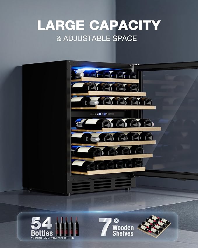24 Inch Dual Zone Wine Refrigerator, 54 Bottle Under Counter Wine Fridge for Built-in or Freestanding, Wine Cooler with Glass Door, Removable Shelves for Home, Office (Blcak)