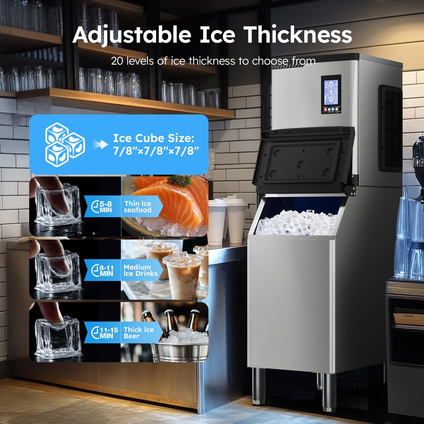 Commercial Ice Machine 920LBS/24H,Storage 550LBS,Large Industrial Ice Maker,Ice Ready in 5-15min,with Self-Cleaning Mode,with Timing Function,30 Levels of Ice Thickness Adjustment,Stainless Steel