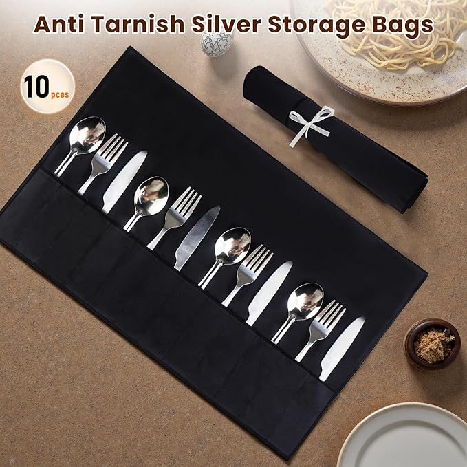 10 Pcs Black Silverware Organizer,Silver Storage Cloth Felt Flatware Organizer, Silver Protector Bags, Place Setting Roll with Stylish White Ribbon for All Kitchen Cutlery Utensil