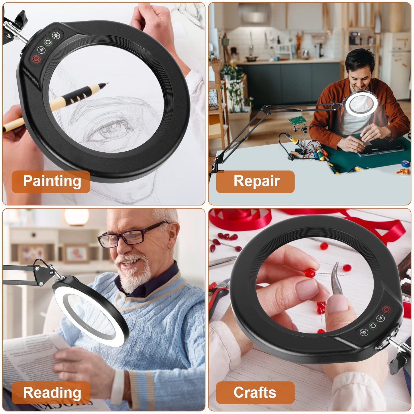 Veemagni 5 Inch Magnifying Glass With Light, 10X Magnifier, 5 Color Modes, Black, Model 5D8-018, Hands-Free Led Clamp Desk Lamp