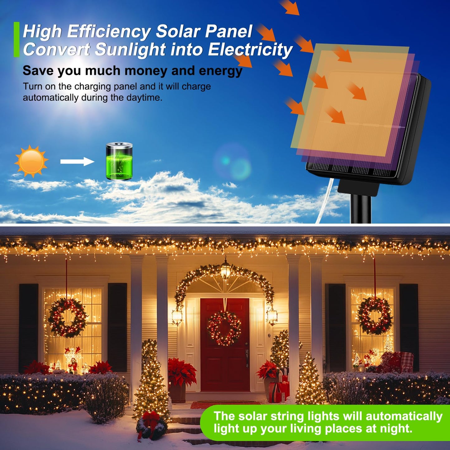 Brightever Solar String Lights 80FT 200LED Waterproof Warm White, 8 Lighting Modes, Model OKDMX-KN-SSL-01-WW
