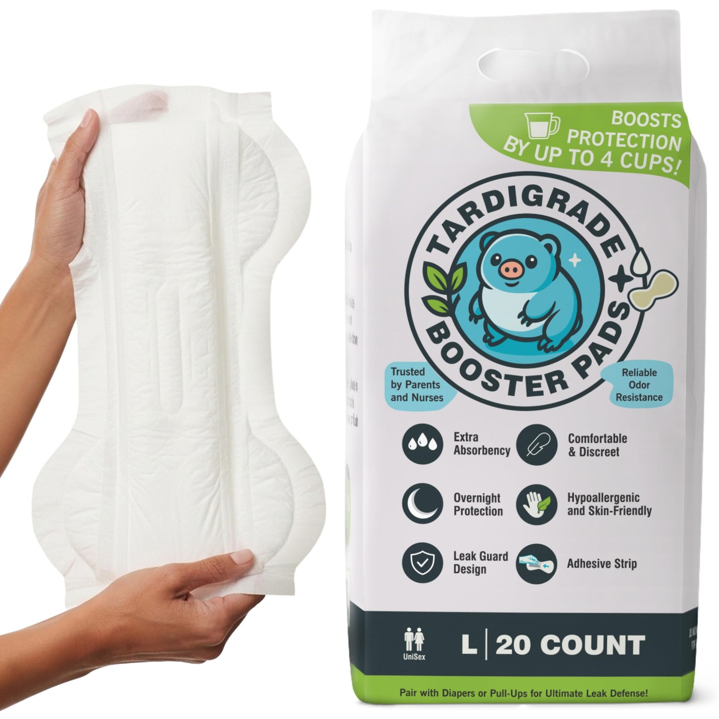 Tardigrade Booster Pad, Large Size, 20 Count, Up to 4 Cups Absorbency, Overnight Protection