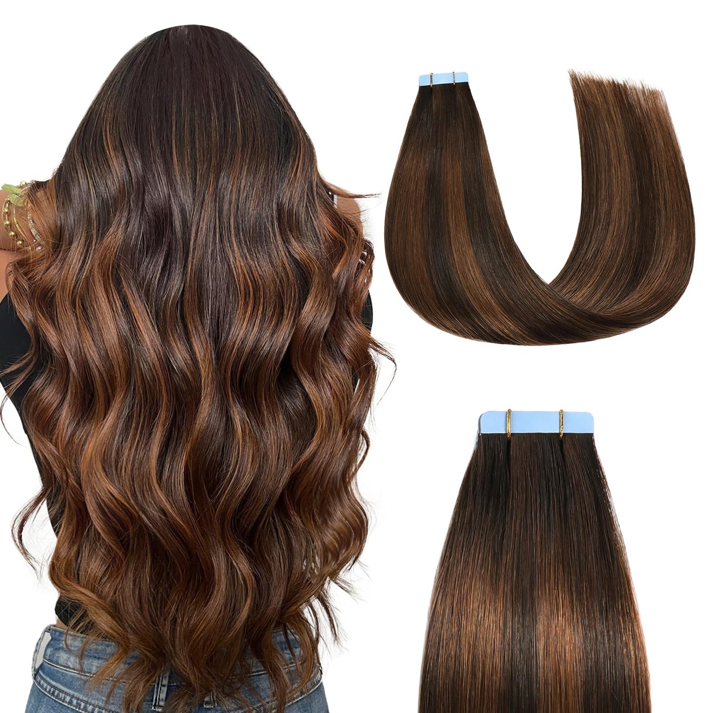 Sunya Tape in Hair Extensions Human Hair Balayage Dark Brown to Chestnut Brown 12 Inch 40g/pack 20pcs Straight Seamless Skin Wef
