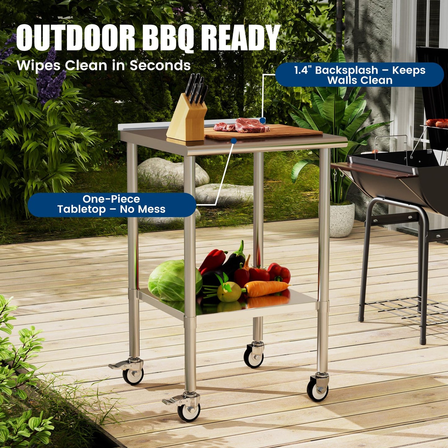 Chingoo Stainless Steel Work Table with Wheels, 24x24 Inch NSF Food Prep Worktable with Backsplash & Adjustable Undershelf for Commercial Kitchen, Restaurant, Garage, Outdoor BBQ