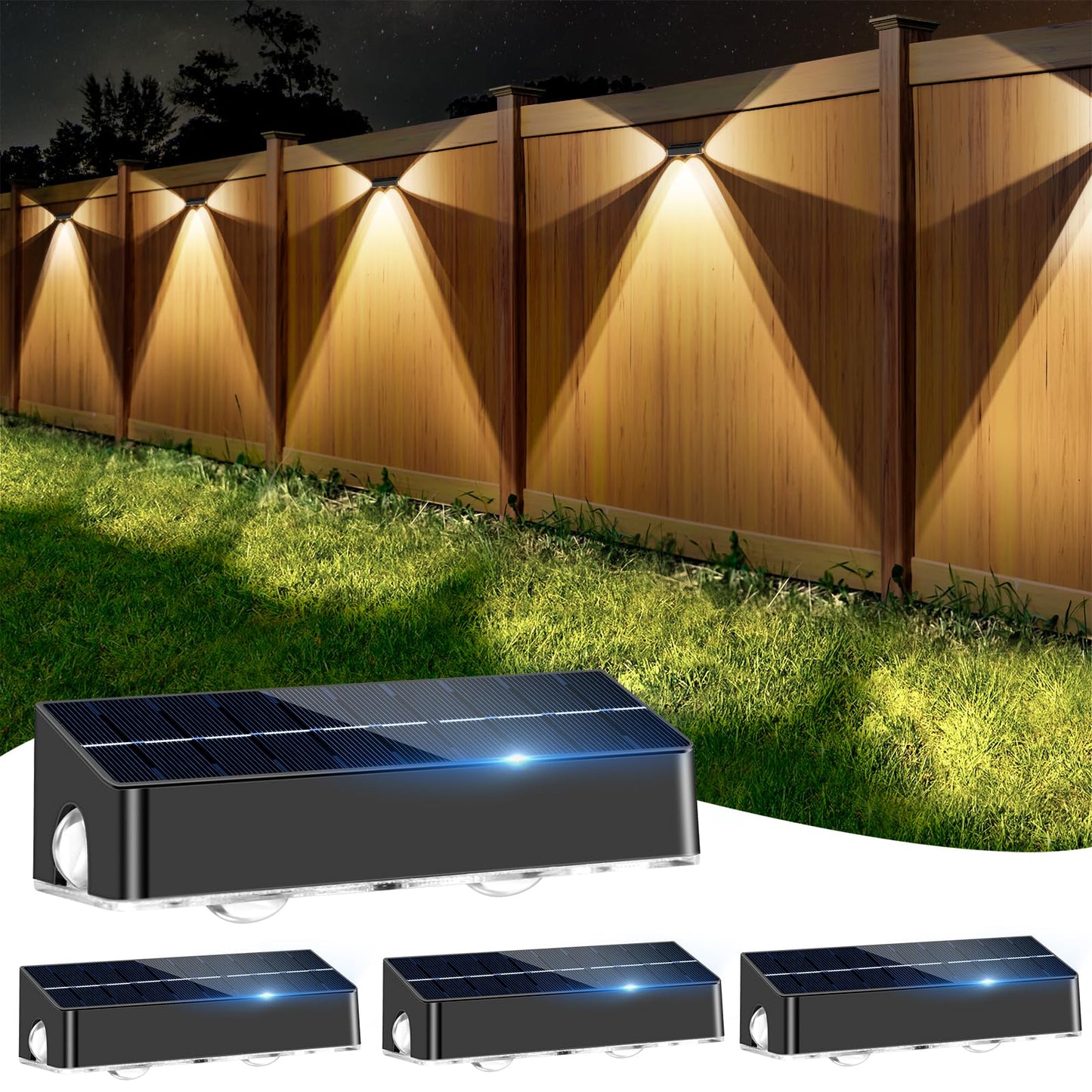 Nibuuecer Solar Fence Lights 9 Colors&11 Lighting Modes Fence Solar Light Outdoor Waterproof Ip65  3-Side Lighting Led Deck Lights For Outside Wall Backyard Step Patio Garden 4 Pack