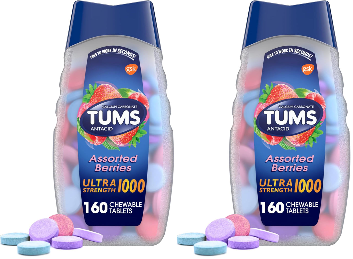 TUMS Ultra Strength Chewable Antacid Tablets for Heartburn Relief and Acid Indigestion Relief, Assorted Berries - 160 Count (Pack of 2)