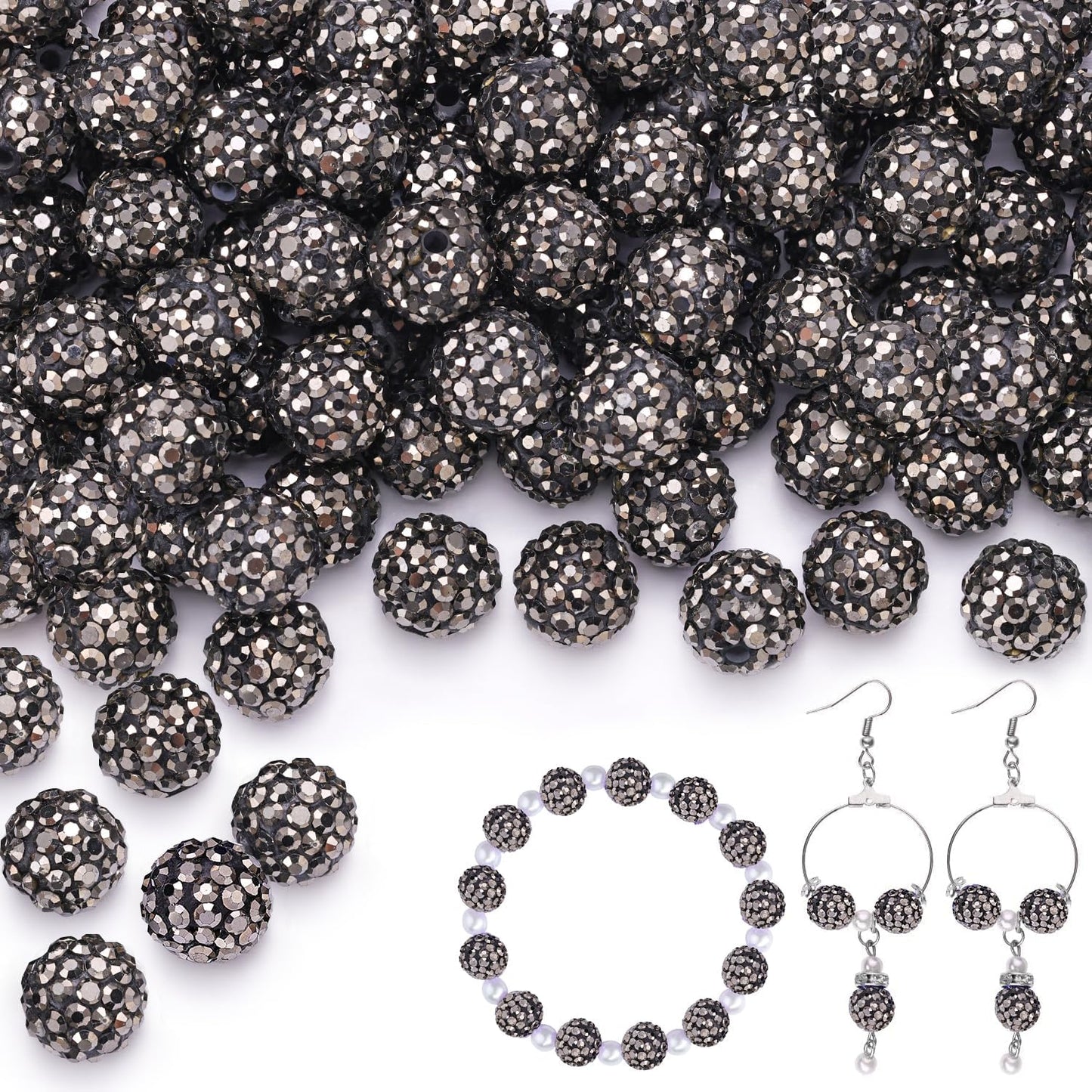 100 pcs 10mm Rhinestone Beads for Jewelry Making, Hematite Shiny Round Shamballa Disco Beads Bulk, Sparkle Crystal Clay Christmas for Bracelet Baseball Necklace Earring Crafting and DIY