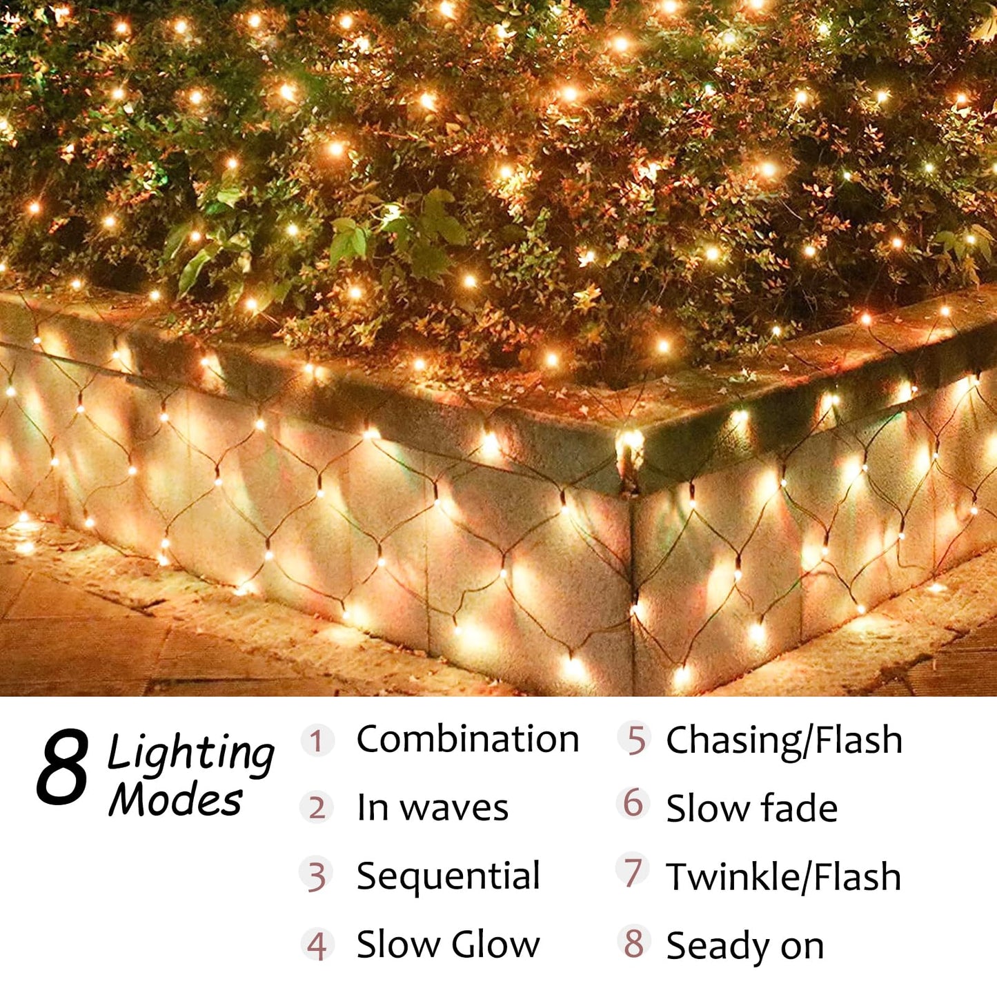 HEYCOLOR Solar Net Lights, 360 LED Warm White, Waterproof, 21ft x 5ft, Green Wire, Remote Control, Model LR-(1-1000) L-SL01