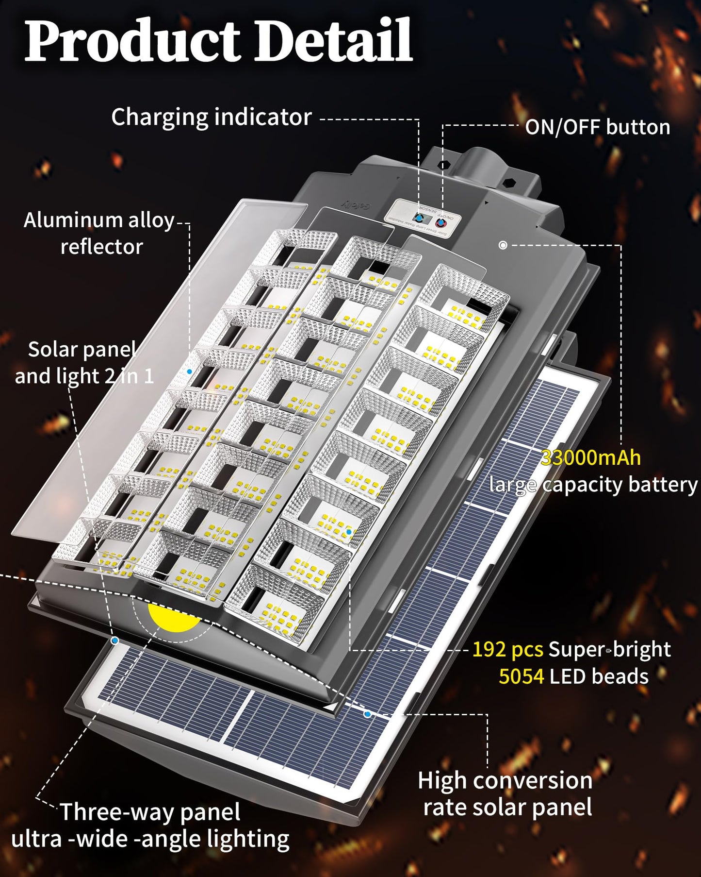 Gefolly SL-8600W Solar Street Light, 680000LM, Dusk to Dawn, IP67, Motion Sensor, Black