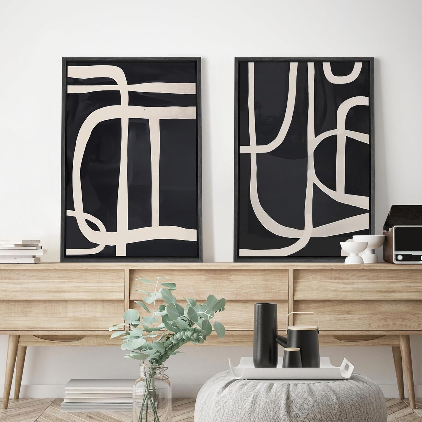 SIGNWIN Framed Canvas Print Wall Art Modern Graphic Black and White Curved Line Patterns Illustrations Modern Art Decorative Contemporary for Living Room, Bedroom, Office - 24"x36"x2 Black