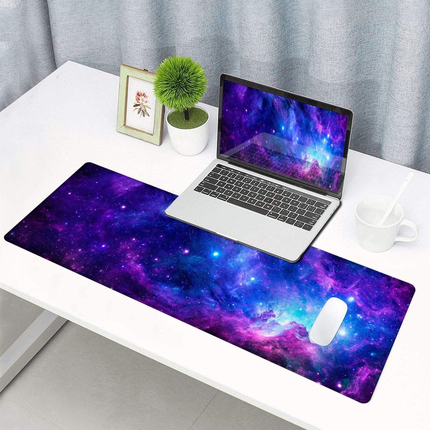 SANWUMIAN Gaming Large Mouse Pad with Stitched Edges, Purple Galaxy Desk Mat, Extended Keyboard Pad, Non-Slip Rubber Base Desk Pad for Keyboard and Mouse, 31.5X11.8 inch