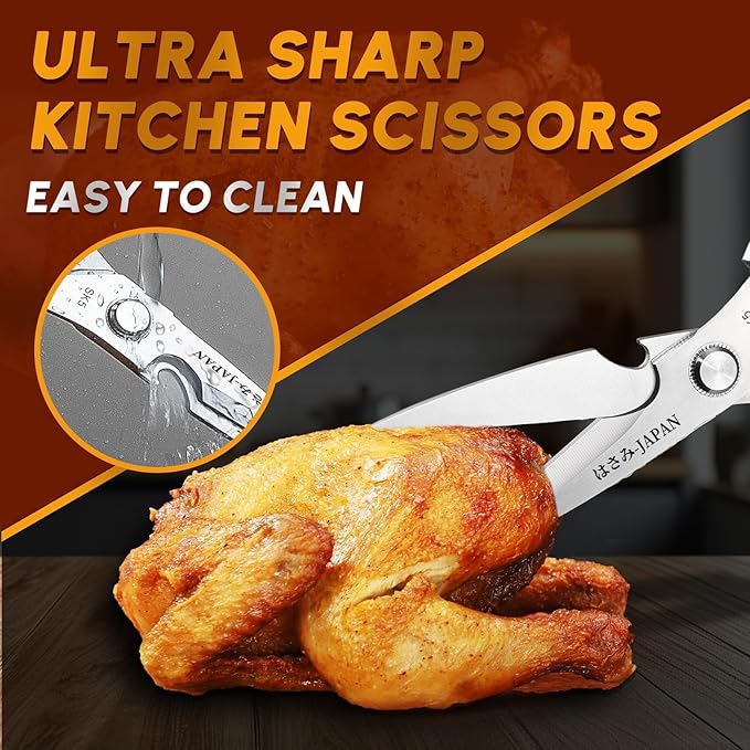 HUUSK Kitchen Shears Set Upgraded - Stainless Steel Kitchen Scissors, Sharp Meat Scissors, Heavy Duty Poultry Shear, Japanese Cooking Scissor for Food, Dishwasher Safe, Christmas Gifts for Men Women
