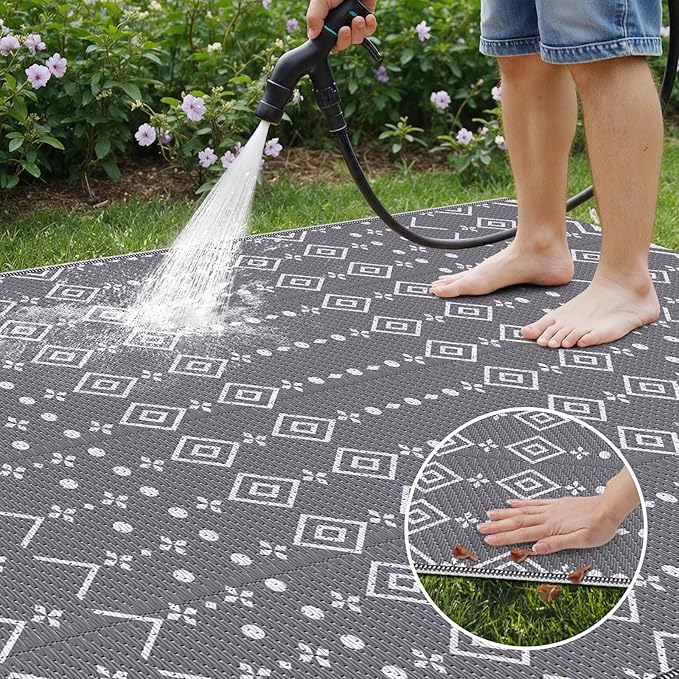StepRite 8’ x 10’ Reversible Outdoor Rug, Waterproof Plastic Straw Rug, Patio Rug, Large Modern Area Rug Carpet, Indoor Outdoor Rugs for Camping, Porch, Deck, Balcony, Backyard, RV, Picnic(Grey)