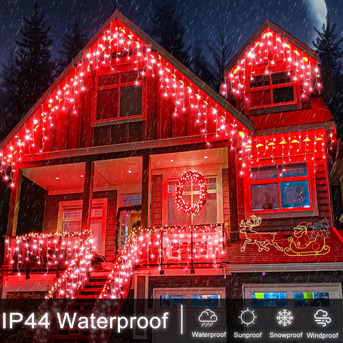 Einiiya Icicle Lights, 66ft 640 LED, Waterproof Red Christmas Lights, 8 Modes, Model BG-CL3M3-306L01