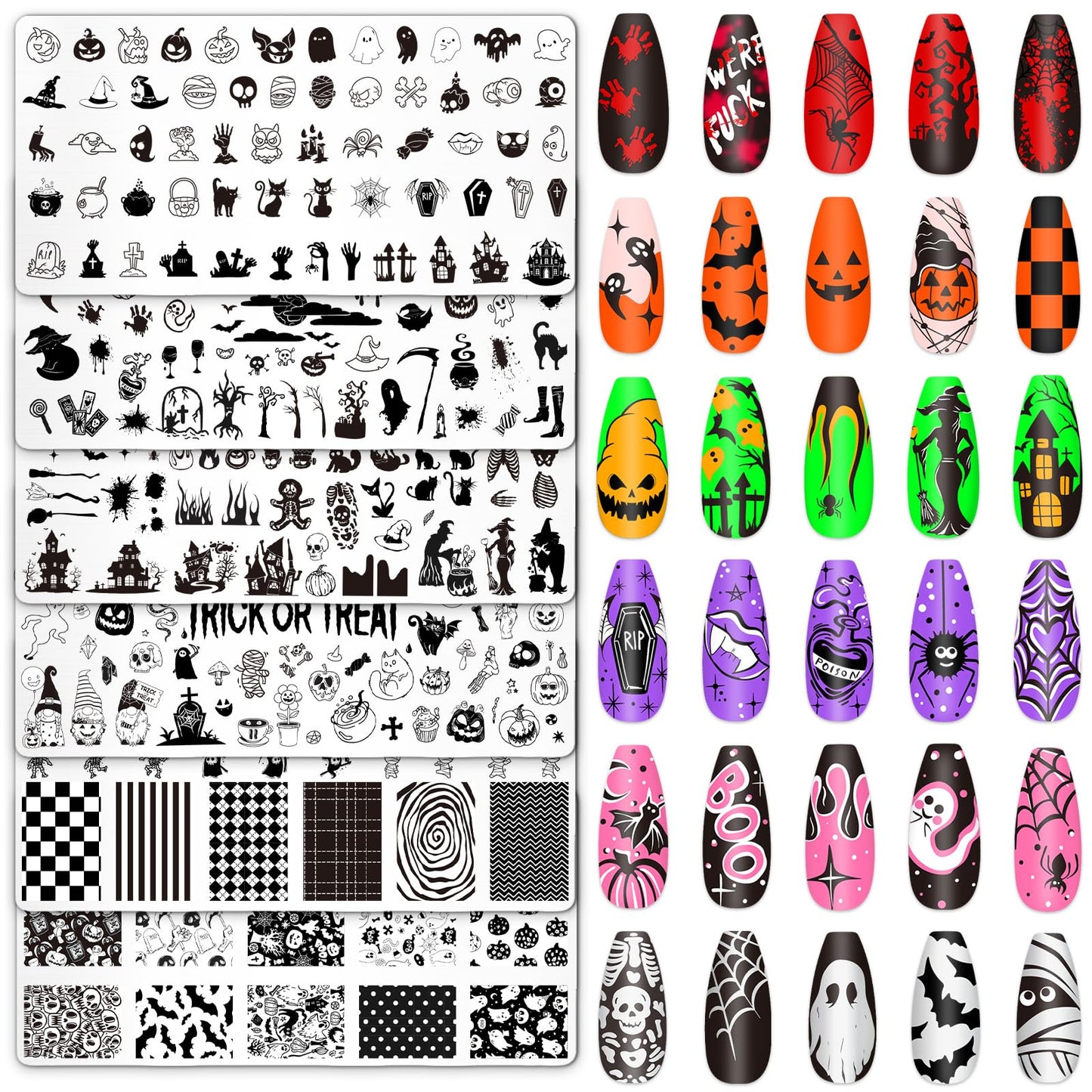 Whaline 6Pcs Halloween Nail Plates Stamping Set Pumpkin Ghost Bat Witch Stamp Templates Nail Art Plates for Trick or Treat Party