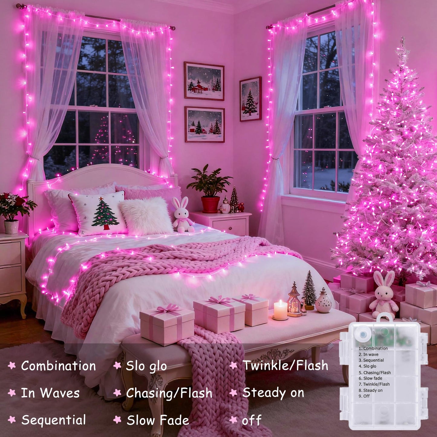 Jmexsuss 33Ft Pink Led Fairy String Lights, Battery Operated, 100 Lights, 8 Modes, Waterproof For ValentineS Day Indoor/Outdoor Decor