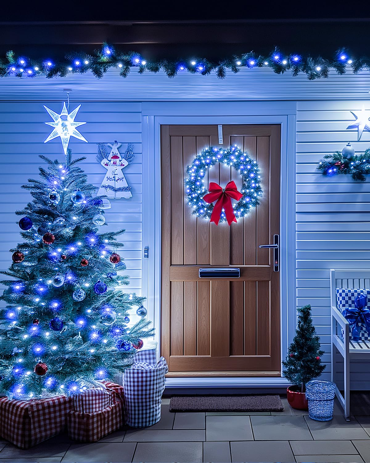 Jixxulvu Blue White Christmas Lights Outdoor Total 710Ft 1800 Led Extra Long String Lights Waterproof  Timer & Memory  8 Modes Dimmable Plug In Fairy For Outside Tree Wedding Patry