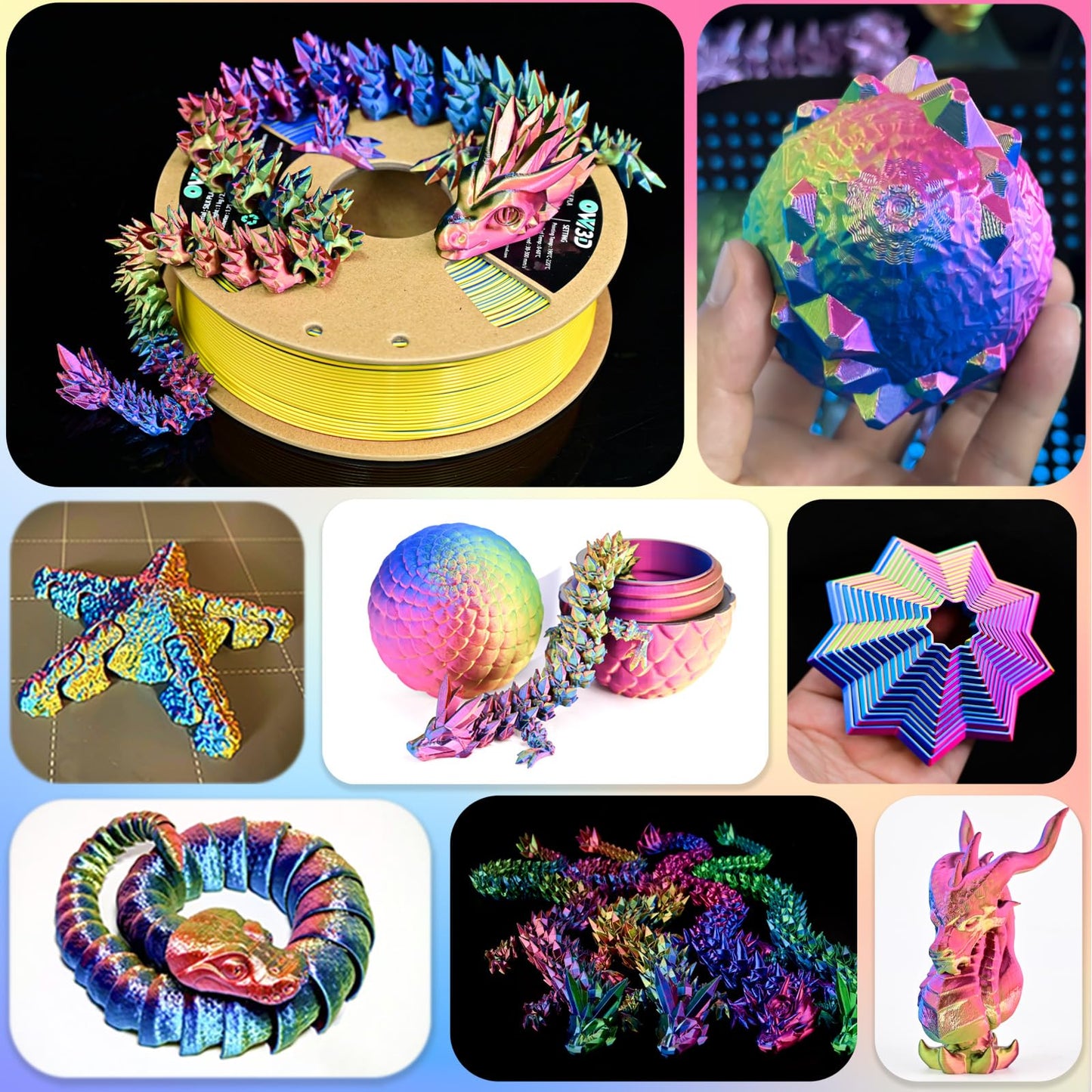 OVV3D 3D Printer Filament, PLA Filament 1.75mm, Tri-Colors Rainbow Silk PLA Filament, Rainbow PLA Filament with Silk PLA Red-Yellow-Blue, 3D Printing Filament PLA Filament 1.75mm +/-0.02mm, 1kg
