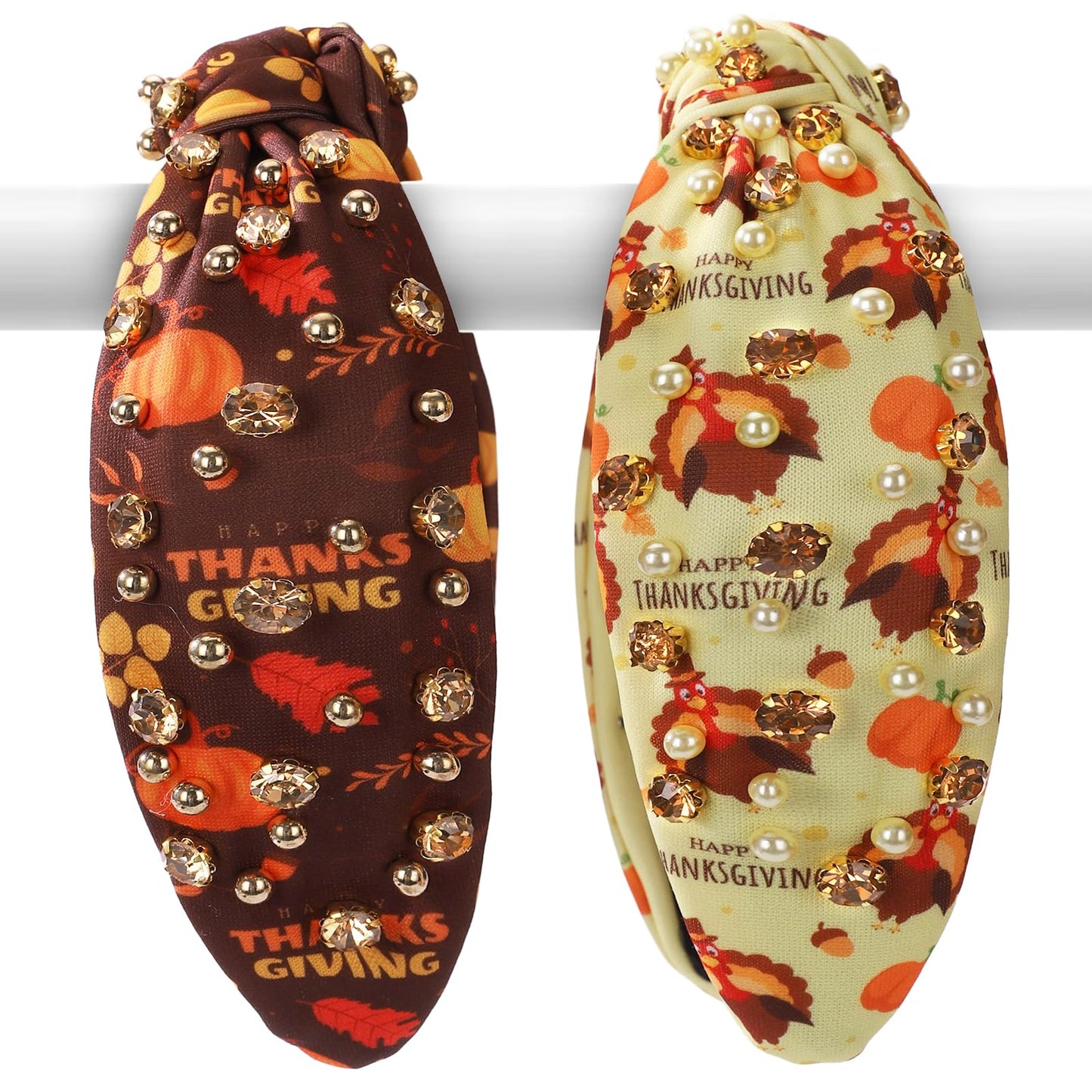 IDDFEVE 2Pcs Thanksgiving Day Headbands for Women - Turkey & Letter Rhinestone Knotted Hair Hoops, Fall Pumpkin Autumn Maple Lea