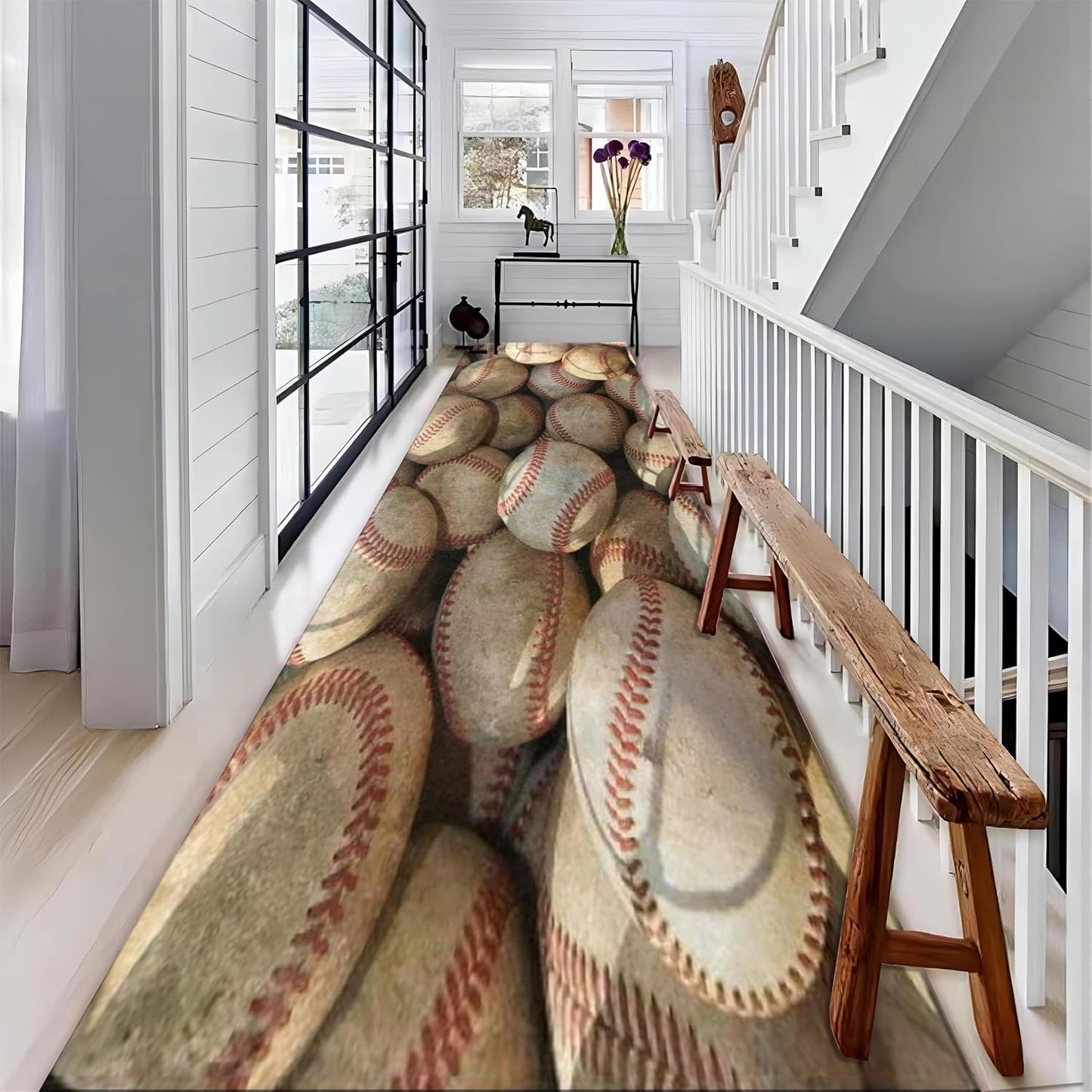 Baseball Long Hallway Rug Runners, 4x10ft, Sports Field Indoor Carpet, Reduce Noise Breathable Soft Entry Rug, Non-Shedding Pet Friendly Foldable Area Rug for Indoor Entry Entryway