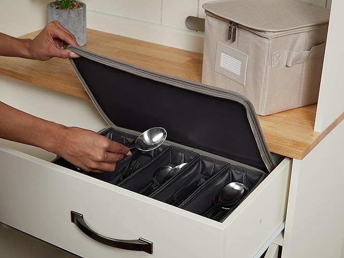 Covermates Keepsakes Flatware Storage Box - Stackable - Reinforced Handles - China Storage, Grey Heather