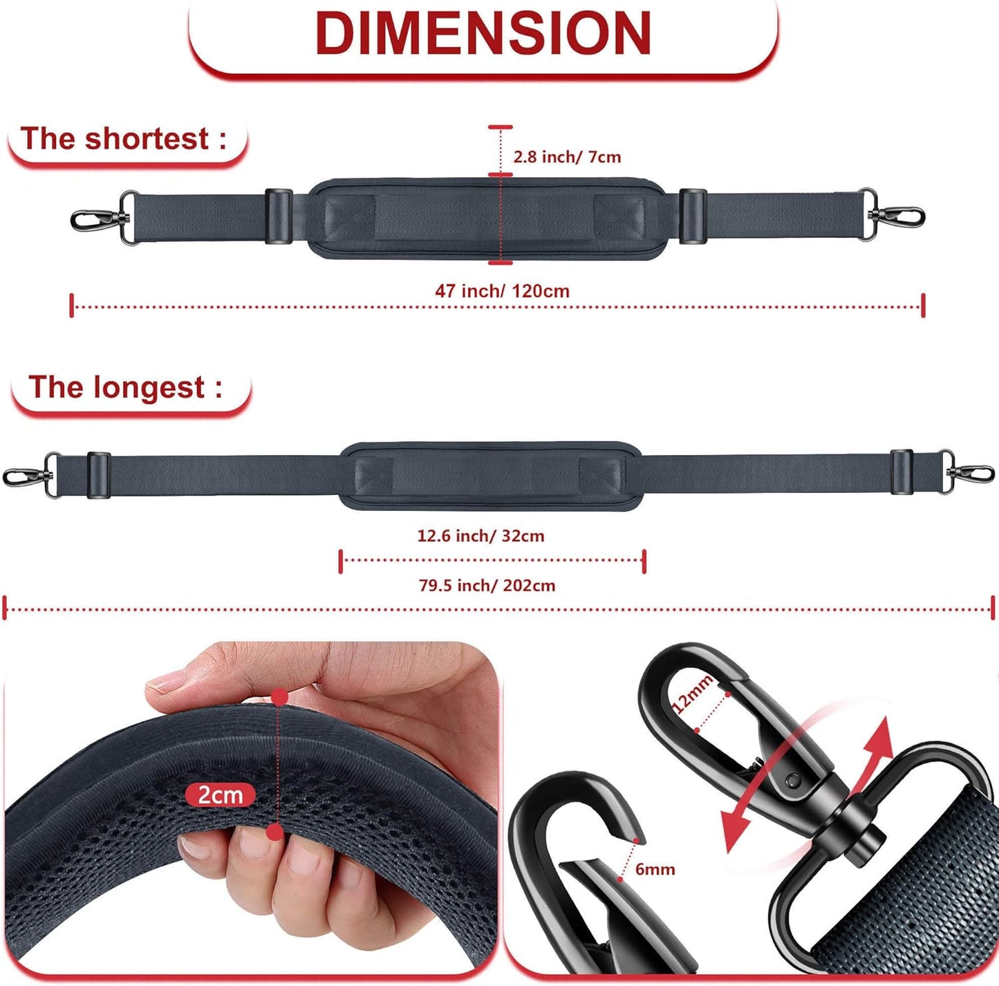 ZINZ 79.5" Universal Strap with Ultra-Thick Fixed Breathable Pad - Adjustable Heavy-Duty Shoulder Strap for Laptop, Crossbody, Luggage, Gym, Camera Bag and More - D01G01