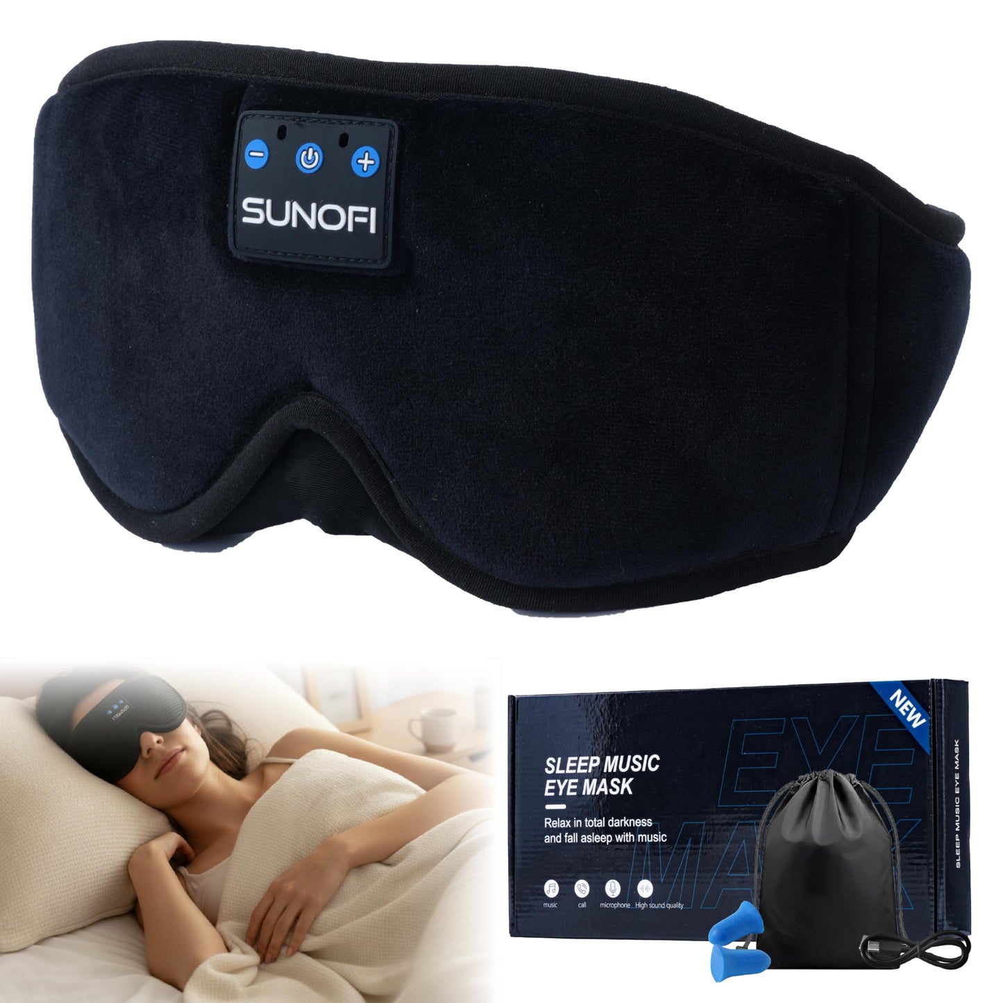 SunoFi Sleep Headphones Bluetooth 5.4, 3D Sleep Mask with Ultra-Thin HD Stereo Speakers, Wireless Music Eye Mask Headphones for Side Sleepers, Travel, Relaxation