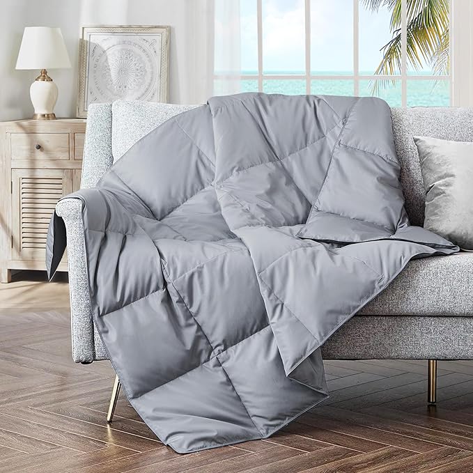 puredown® Soft Feather Down Throw Blanket Lightweight Packable Couch Throw for Indoor and Outdoor Use, 50"X70", Sliver Gray