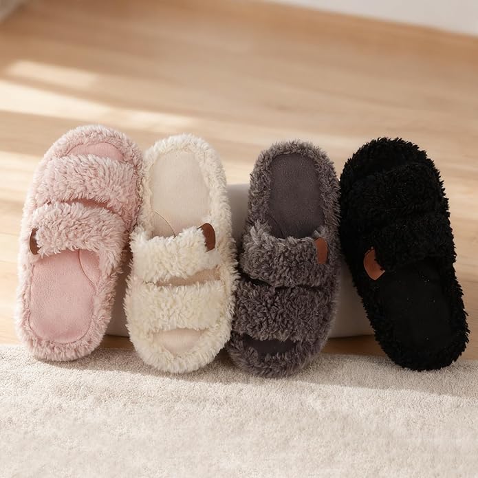 Youecci Girls Fuzzy Slippers-Soft Open Toe Slippers with Memory Foam & Arch Support, Dual-Strap Warm Comfy Home Slides Indoor House Shoes