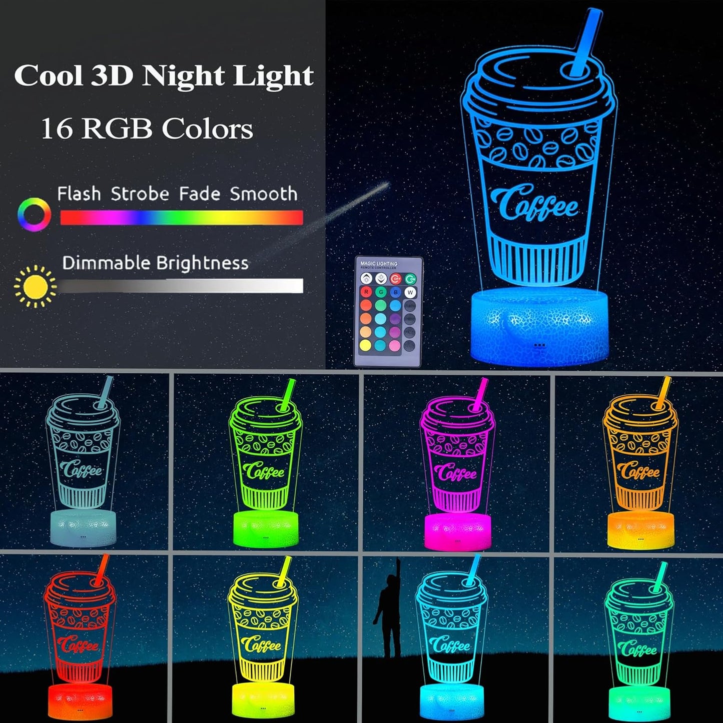 Coffee Gift, Coffee Cup Decor, 3D Illusion Night Light Lamp, 16 Colors Changing, Remote Control, Dimmable, Cafe Shop Room Decoration