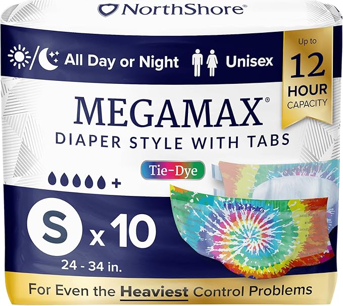 NorthShore MegaMax Adult Overnight Diapers, 12-Hour Tab-Style, Small, 10 Count Bag, Tie-Dye, 24-34 inches, Unisex Incontinence Underwear