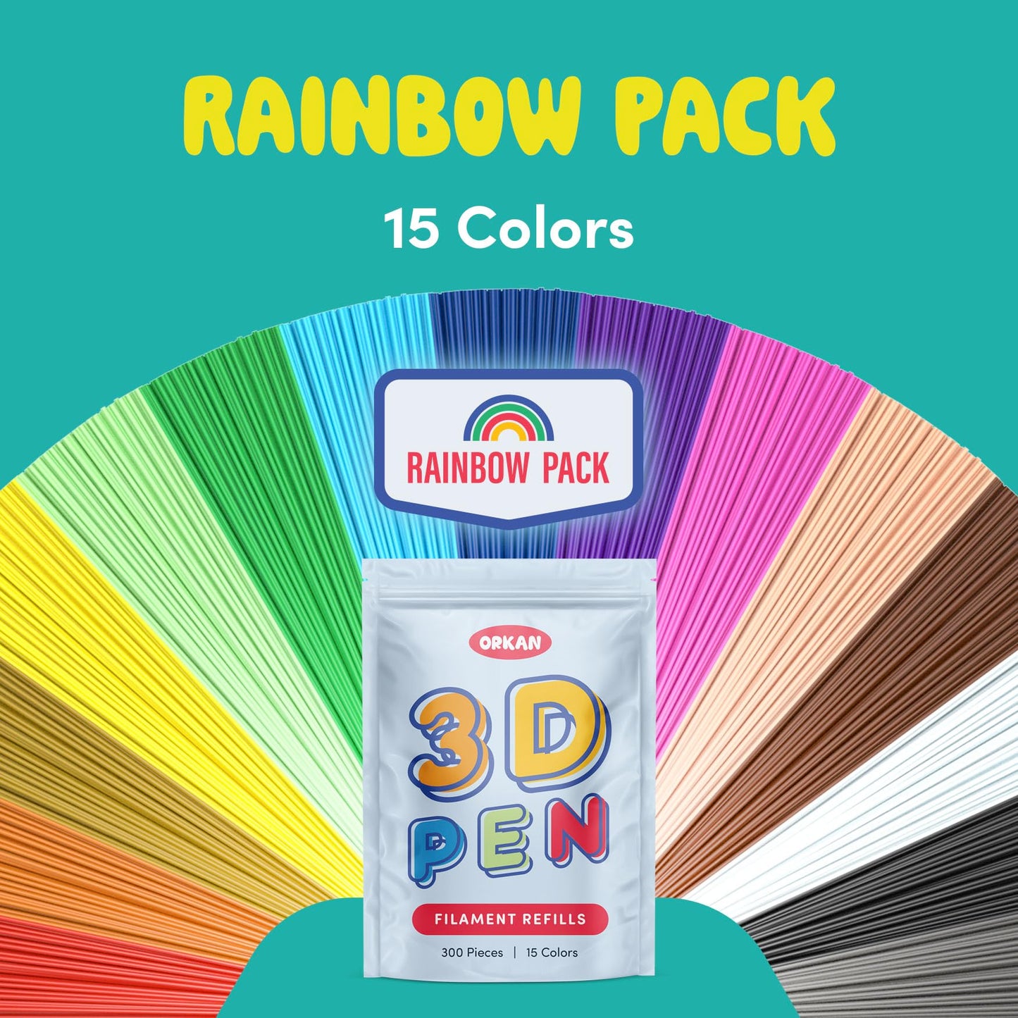 300 x ORKAN 3D Pen Filament Refills | Only Compatible with The 3Doodler Start+ | 15 Rainbow Colors | 6" x 2.5mm PCL Eco-Filament Strands | Safe for Kids | Only for 3Doodler Start+ 3D Pen