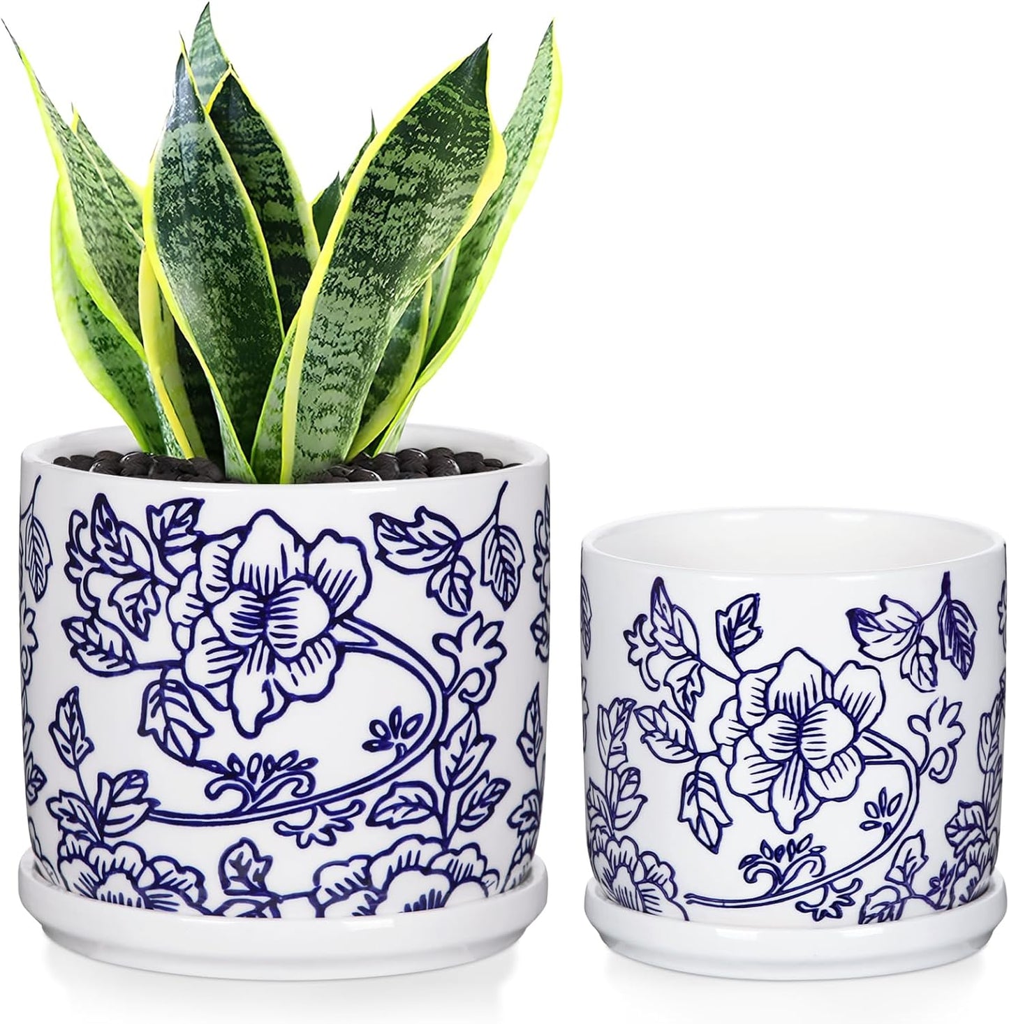 Set of 2 Blue and White Ceramic Plant Pots with Drainage Hole and Saucers, Retro Blue Porcelain Flowers Round Planters for Succulent Cactus Indoor Outdoor Garden Home Desktop Decor, 4.5+5.5 Inch