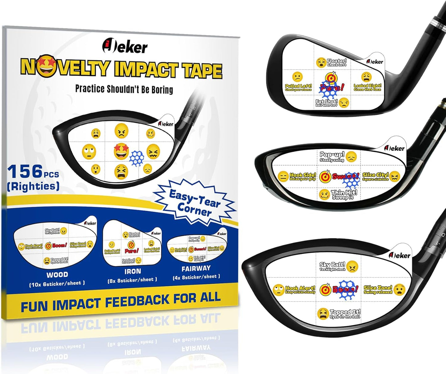 Novelty Golf Impact Tape – 156pcs Emoji Swing Training Stickers for Driver, Iron & Wood | Tear-Off, Waterproof, Instant Feedback
