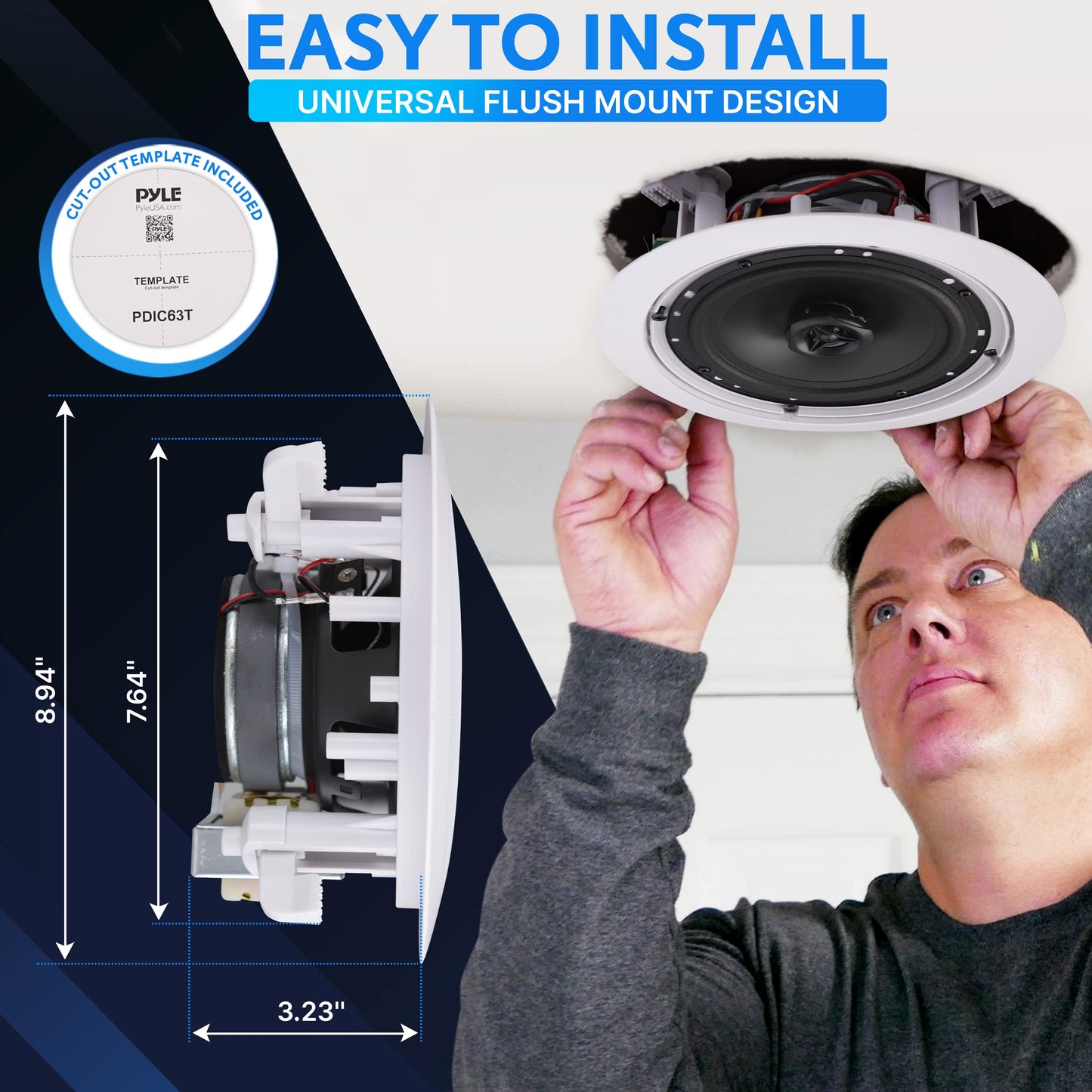 Pyle Ceiling And Wall Mount Speaker-6.5    2-Way 70V Audio Stereo Sound Subwoofer Sound With Dome Tweeter,500 Watts,In-Wall&In-C