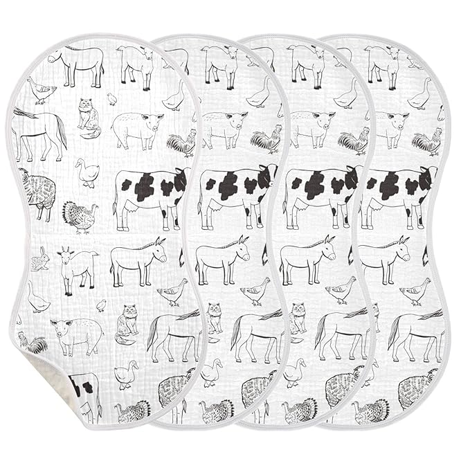 Muslin Baby Burp Cloths Set of 2, Soft Absorbent Farm Animals Muslin Washcloths, Bibs, Face Towel for Newborn Boys Girls, 22 x 11 Inch