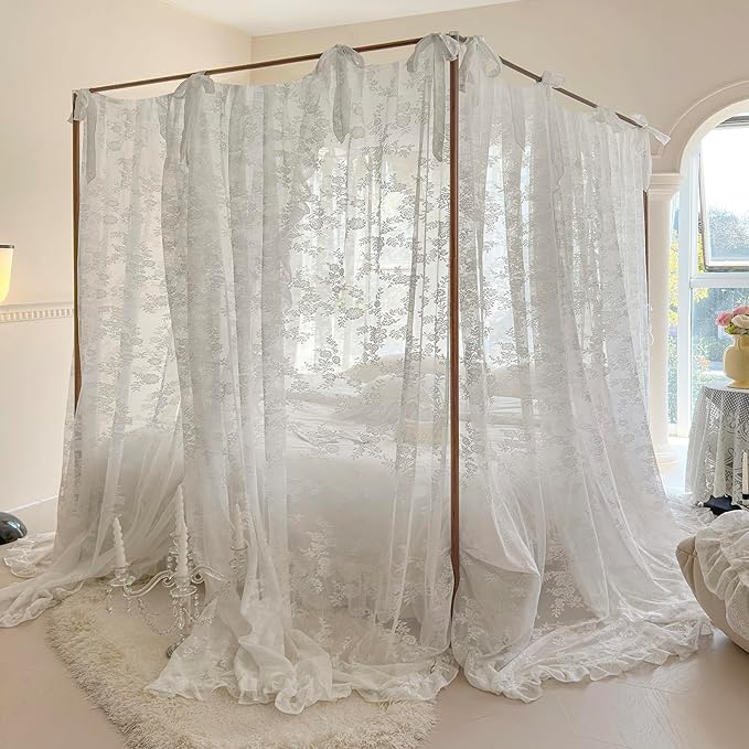 Mengersi Canopy Bed Curtains with Tie Backs,Bed Canopy Curtains Bed Drapes Sheer Curtains for Bedroom Decor（Queen,White