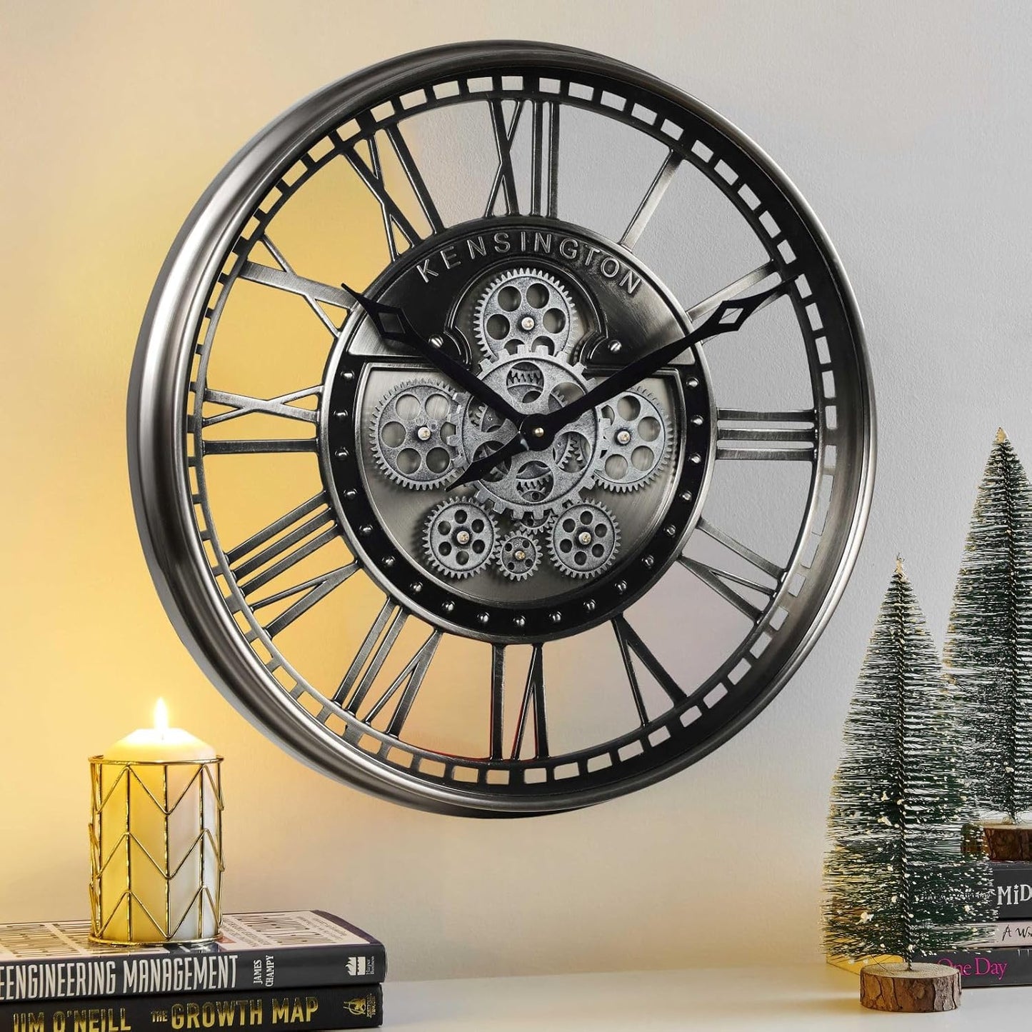 CLXEAST 21 Inch Modern Moving Gears Wall Clock for Living Room Decor,Industrial Steampunk Clocks for Farmhouse Home Decor,Roman Numerals,Gunmetal Nickel Finish